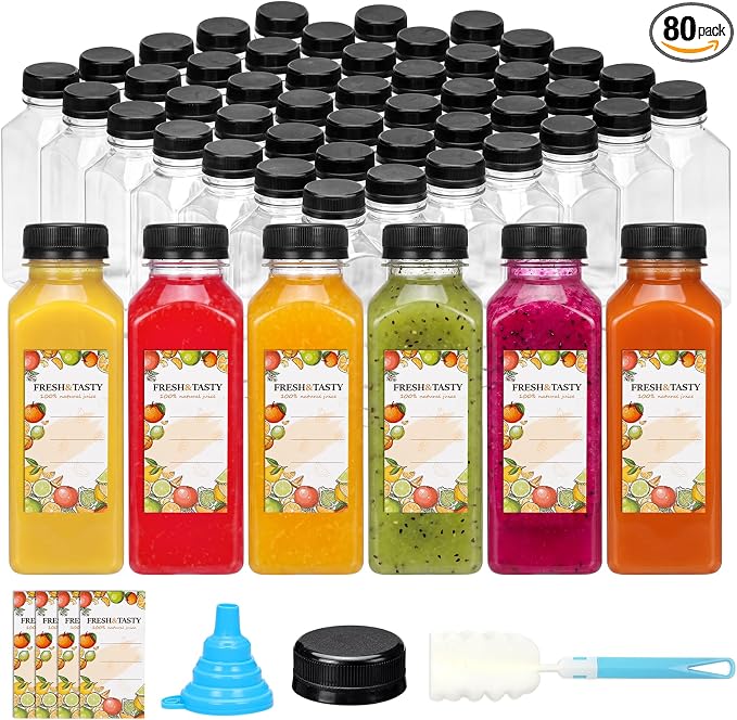 TOMNK 80pcs Juice Bottles, 12oz Reusable Plastic Juice Bottles with Caps and Labels, Funnel, Brush Beverage Containers for Juicing, Smoothies, Tea, Milk