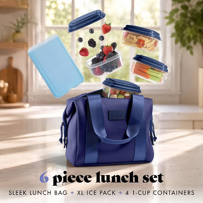 Fit & Fresh Remi Lunch Bag for Women Work – Neoprene Lunch Tote with Containers & Ice Pack, Reusable Meal Prep Lunch Box, Large Capacity, Machine Washable