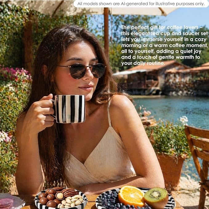 Ceramic Coffee Mug Set with Plates, 3-Piece Black Striped Mug Coffee Mug Ceramic Tea Cups and Saucers & Dessert Plate, Unique Coffee Mugs, M/W, D/W & Fridge Safe, Gift for Women, Coffee Lover Gifts