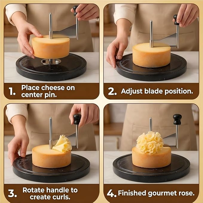 Cheese Curler Wheel for SEMI Hard Cheese, Girolle Cheese Shaver Tool for Charcuterie Boards & Entertaining, Create Cheese Flowers from Tete de Moine & Petit Basque, Marble Base