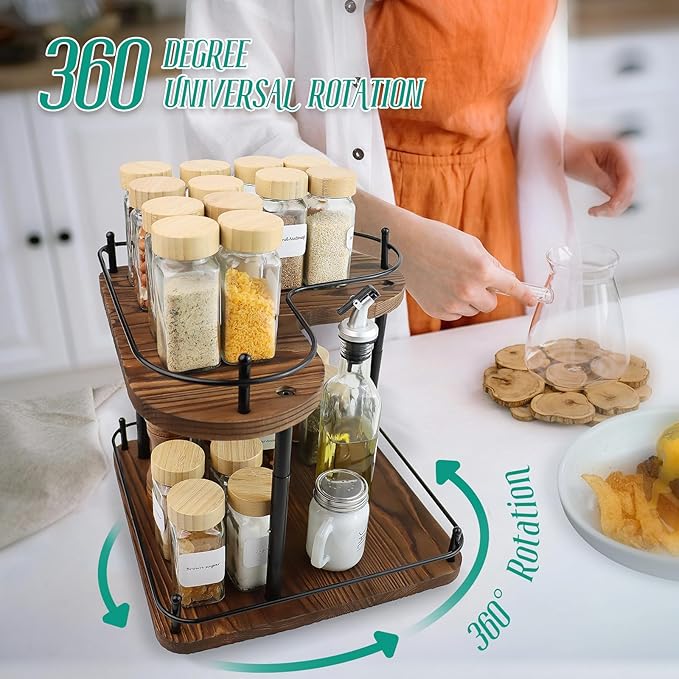 2 Tier Wooden Spice Rack Organizer, 360° Rotating Lazy Susan, 11.8 Inch Large Capacity Countertop Spice Shelf, Adjustable Height, Pine Wood, for Kitchen Bathroom Cosmetic Storage gift set