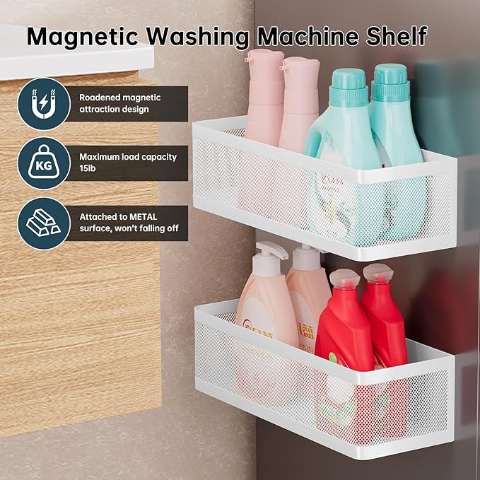 2 Pack Magnetic Shelves for Washing Machine, White Metal Magnetic Storage Baskets, Space-Saving Strong Hold Organizer for Laundry Room, Refrigerator, Bathroom, Kitchen, Pantry, Utility Room
