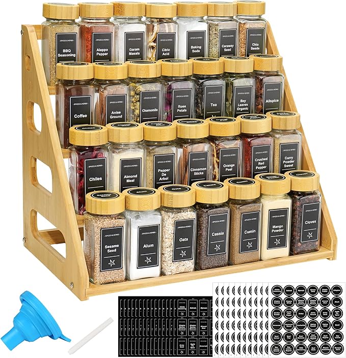4 Tier Bamboo Spice Rack Organizer with 28 Spice Jars, 780 Labels, Wood Shelf, Chalk Marker and Funnel Set for Cabinet Kitchen Countertop, Empty 4 oz Glass Jars
