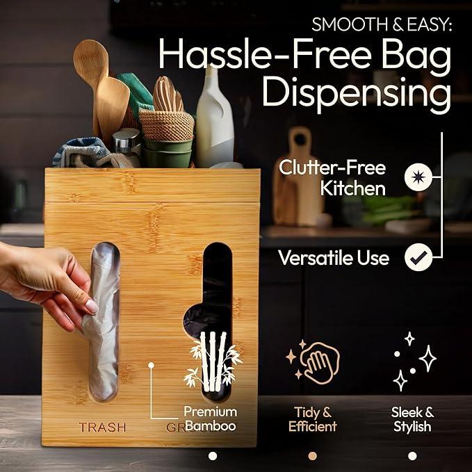 Under Sink Organizer for Kitchen Cabinet - Bamboo Trash Bag Dispenser & Bag Holder – Pantry Organizer & Garbage Roll Holder for Cleaning Supplies, Apartment Essentials & Home Organization