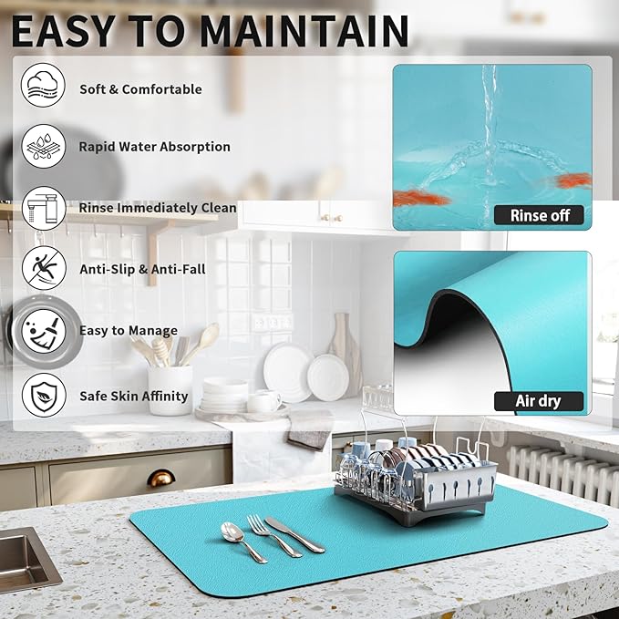 HotLive Dish Drying Mat for Kitchen Counter, Heat Resistant Drainer Mats with Non-slip Rubber Backed, Hide Stain Kitchen Super Absorbent Draining Mat, Easy to Clean Dish Rack Pad, Teal 18"x24"