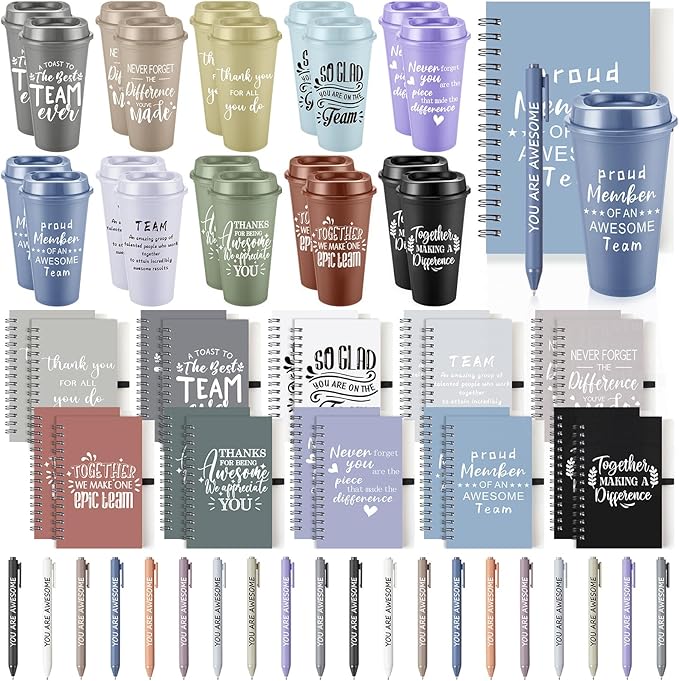 Teenyyou 60 Pcs Employee Appreciation Gift Set, 16oz Tumbler with Lid Notebook Pen Bulk Thank You Gift Holiday Party Favor for Teachers Office Coworker Teacher Staff Team (Dark Color,Delicate Style)