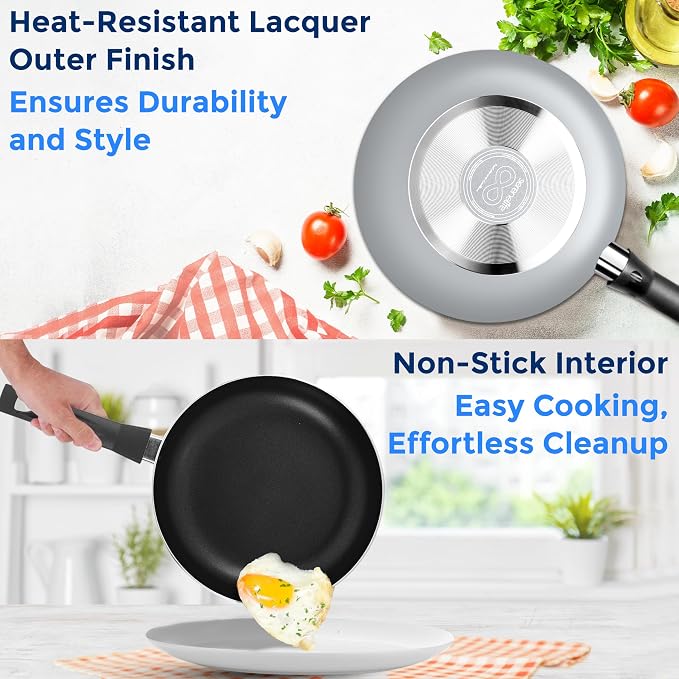 SereneLife Kitchenware Pots & Pans, Basic Kitchen Cookware Set, Black Non-Stick Coating Inside, Heat Resistant Lacquer (20-Piece Set), One Size, Gray