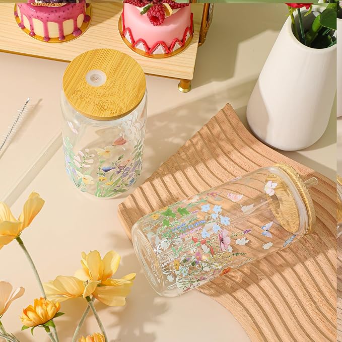 Mumufy 2 Pack Wildflower Glass Cups Gift Aesthetic Cute Glass Cup Tumbler Flower Iced Coffee Mugs 16 oz with Bamboo Lid & Straw, for Wedding Birthday Bridesmaid Mom Baby Shower