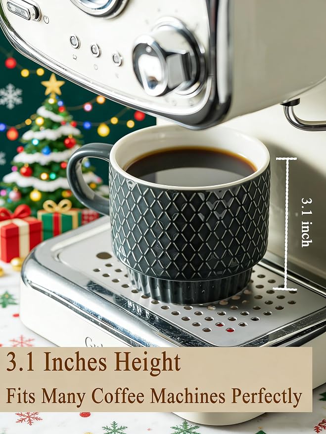 Gomakren Coffee Mugs Set of 4, 13 Ounce Stackable Coffee Mug Set with Stand, Father's Day Stoneware Coffee Cup with Spoon for Coffee, Milk, Tea, Cocoa, Grey