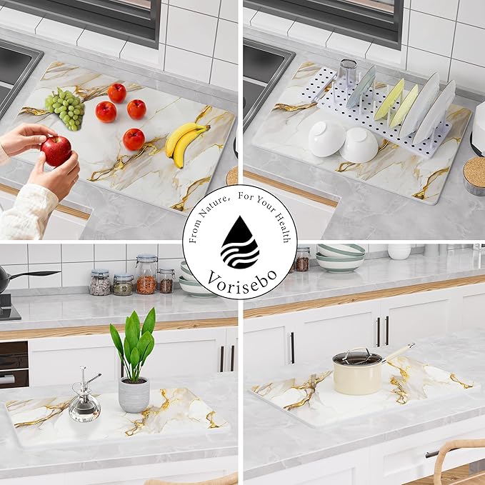 Large Stone Drying Mat for Kitchen Counter, 24" × 16" Diatomite Dish Drying Mat, Ultra Absorbent Diatomaceous Earth Dry Stone Mats with Dish Rack for Dished, Bottles, White Marble