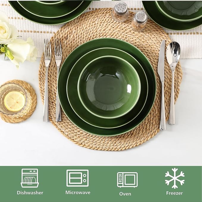 Vicrays Ceramic 12 Pieces Dinnerware Set - Dinner Plates Cereal Bowls Salad Plates Set Service for 4 - Scratch Resistant Dishwasher Safe Microwave Oven - Green