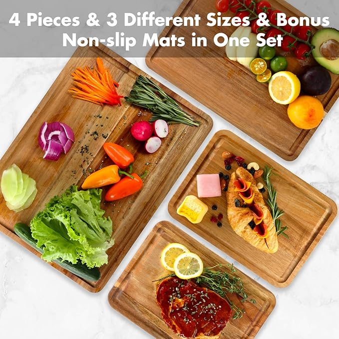 AZRHOM Large Wood Cutting Boards Set of 4 for Kitchen Cheese Charcuterie Board (Gift Box Included) Acacia Butcher Block with Non-slip Mats, Juice Groove and Handles (16x12, 14x10, double 11x8 inch)-4