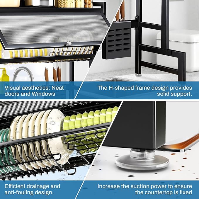 Over the Sink Dish Drying Rack 3 Tier with Cover.Space-Saving Dish Drainer Organizer for Dishes, Glasses, Bowls & Cutlery.Tidy Kitchen Counter Storage Solution