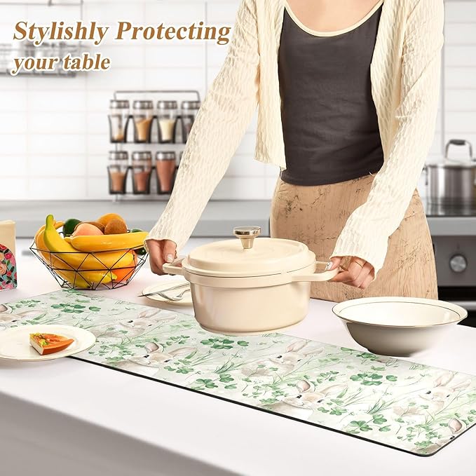 Grey Rabbit Clover Trivet Table Runner Heat Resistant 230F for Hot Dishes Pots Plates Kitchen Dining Table Protector Decorative 39.37 X 11.8 Inch