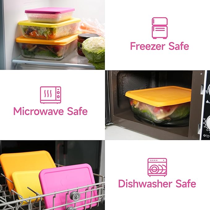 LUVCOSY 1 Cup 2 Cup 3 Cup 4 Cup 6 Cup 7 Cup 11 Cup Round & Rectangle Silicone Storage Cover Lids Replacement for Pyrex Glass Bowls, 7 Pack, Microwave, Dishwasher and Freezer Safe