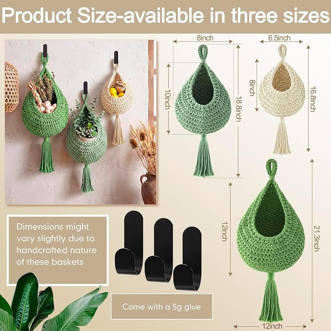 Honeydak Boho Decor Hanging Wall Baskets for Kitchen 3 Pack Teardrop Baskets with Hooks Storage Fruit Onion Vegetable Potato for Home 3 Sizes(Sage Color Palette,Tassel,Cotton Rope)