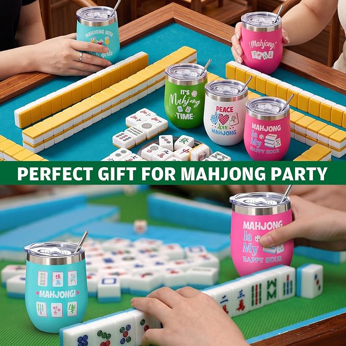 Patelai 8 Pcs Mahjong Tumbler with Straw Lid and Brush 12oz Stainless Steel Insulated Mahjong Cups Double Vacuum Thermal Mugs Mah Jong Accessories for Game Night Party Favor Mah Jong Lovers Gift