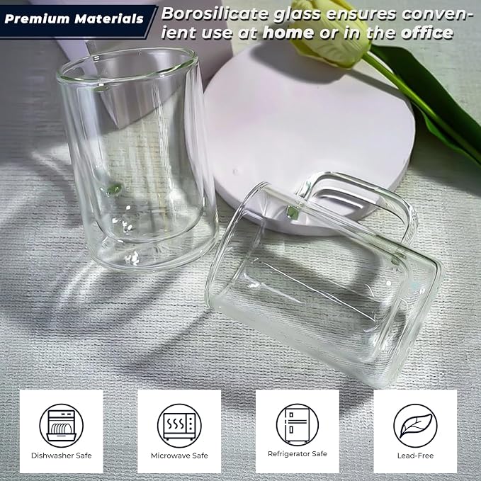 Aquach 12oz Double Walled Glass Coffee Mugs Set of 2, Insulated Tea Cups | Dishwasher/Microwave Safe, Borosilicate Glass, Double-walled, Smooth Rim, Comfort Handle, Ideal Daily Capacity