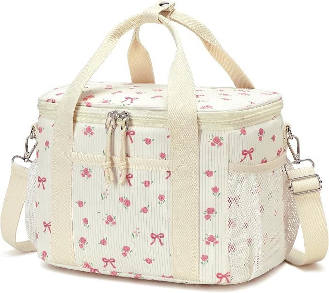 BTOOP Insulated Lunch Bag for Women Adult, Cute Lunch Box Cooler with Large Capacity, Leak-Proof Adjustable Strap Lunch Tote (Pink Bow-Floral-Large, Large)