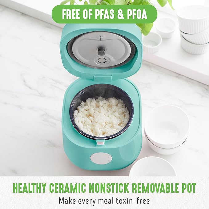 GreenLife Digital Rice Cooker, 2-Cups Uncooked/4-Cups Cooked, Removable Nonstick Ceramic PFAS-Free Pot, One-Touch Presets, Oats, Quinoa, Brown Rice, Auto Keep Warm, Fuzzy Logic Tech, 1.5 QT, Turquoise