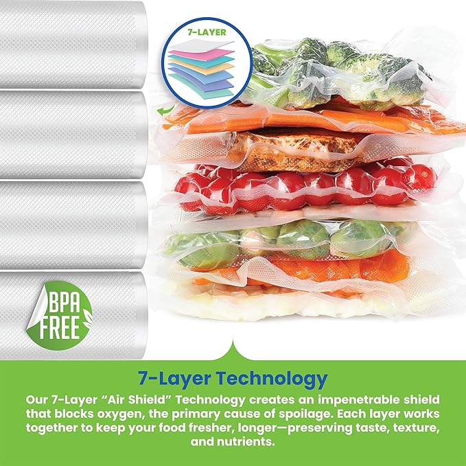 Vacuum Sealer Bags for Food Combo Pack, 2 Rolls 11" x 16' + 2 Rolls 8" x 20' - Heavy Duty Food Saver Vacuum Sealer Bag Rolls - Sous Vide, Seal a Meal Bags - Made in the US