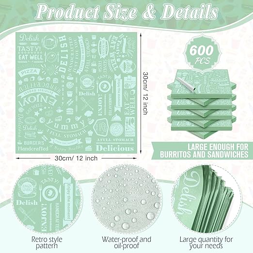 Outus 600 Pcs 12 x 12 Inch Deli Wax Paper Sheets Grease Resistant Tray Basket Liners Newsprint Paper Water and Grease Proof Sandwich Wrapping Square Hot Dog Wrapper for Food Baking (Sage Color)
