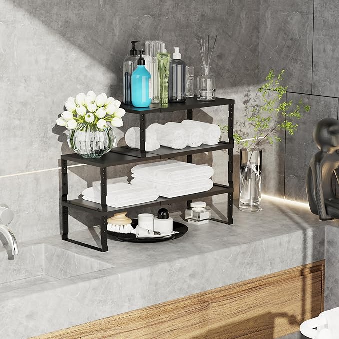 Jojocross Expandable Stackable Spice Rack Organizer for Kitchen Cabinet,Adjustable Counter Shelf, countertop, Pantry,Cupboard,Bathroom,Bedroom(2Packs/Black/Large)