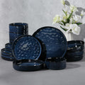 E-far 16-Piece Plates and Bowls Sets with Pasta Bowls - Stoneware Dinnerware Set for 4, Modern Ribbed Dishes, Microwave & Dishwasher Safe, Starry Blue