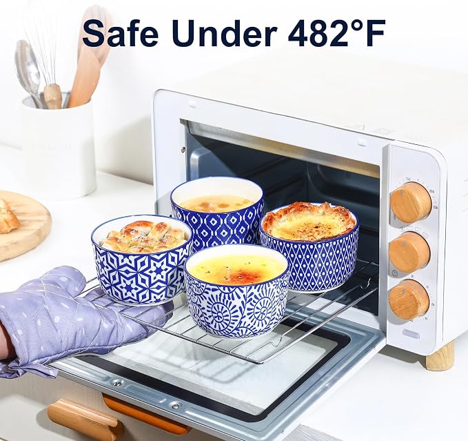 Selamica Ceramic Ramekins with Lids, 10 OZ Creme Brulee Ramekins with Covers Oven Safe, Custard Cups Small Baking Bowls for Souffle, Pudding, Onion Soup, Dips, Set of 6, Vintage Blue