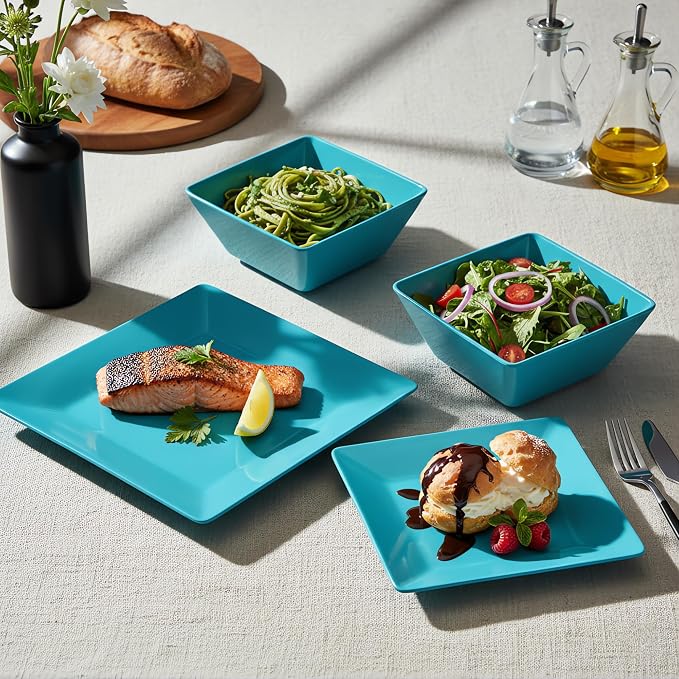 TP 12-Piece Melamine Dinnerware Sets, Plates and Bowls Dishes Set for 4, Break-Resistant & Non-Microwavable, Lightweight Square Dinner Plates, Teal
