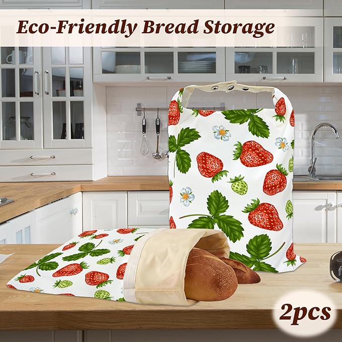 Bread Bags for Homemade Bread, Red Strawberries Leaves Flower 2 Pack Linen and Beeswax Sourdough Storage Bags, Reusable Keeper, Keeps Breads Fresh Longer, Gifts for Bakers