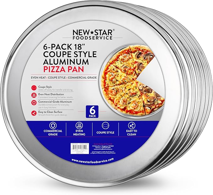 New Star Foodservice Restaurant-Grade Aluminum Pizza Pan, Baking Tray, Coupe Style, 18 Inch, Pack of 6