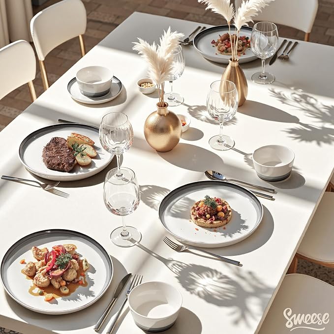 Sweese 12 Piece Dinnerware Sets for 4 - Porcelain Plates and Bowls Set - Scratch Resistant, Dishwasher and Oven Safe Round Dinner Sets - Dish Sets -White and Blue Gradient