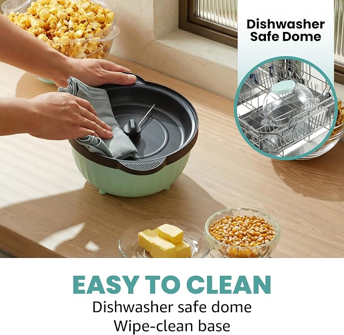 Elite Gourmet 4.5Qt. Stirring Popcorn Maker with Ceramic Coated Plate, Stirring Rod, Clear Cover Doubles as Serving Bowl, Butter Melting Tray, Up to 18 Cups, Makes Fresh Buttery Popcorn, Mint