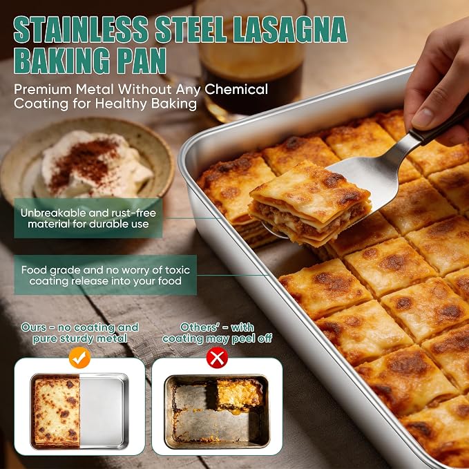 E-far Lasagna Pan, Stainless Steel Rectangular Baking Pan, 12⅓x9¾x2 Inch Sheet Cake Pan Metal Bakeware Oven Tray for Brownie Casserole, No-Toxic & Heavy Duty, Rust-Resistance & Dishwasher Safe