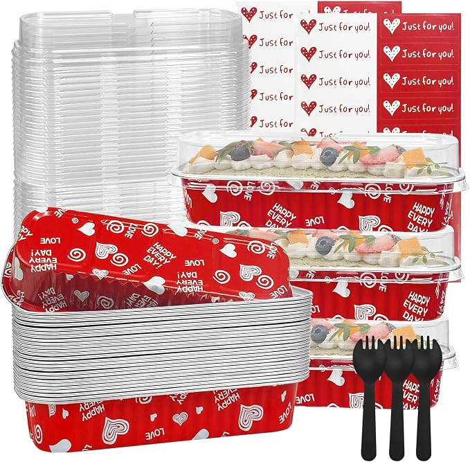 100Pack Valentine's Mini Loaf Pans with Lids Mini Cake Pans with Lids and Spoons, 6.8Oz Heart Shaped Cake Pans Fancy Muffin Pans Aluminum Foil Pans, Individual Dessert Cups Containers for Sales,Party