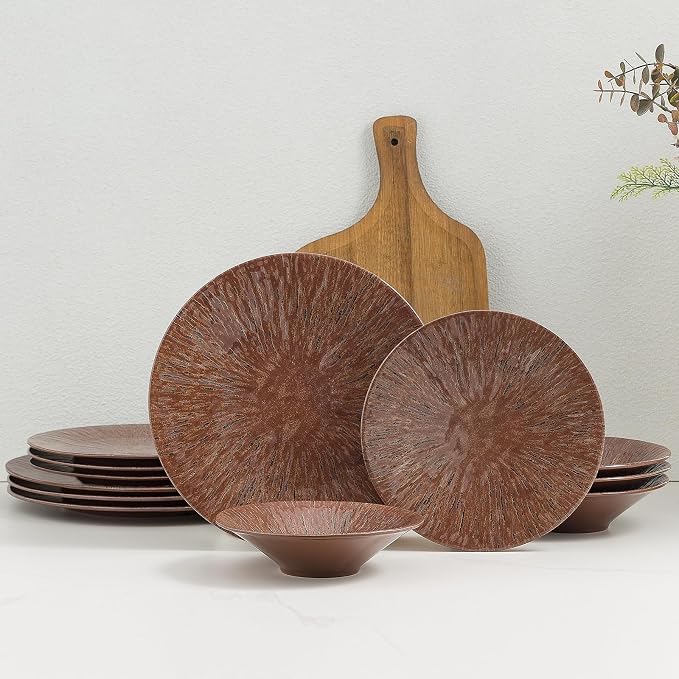 MissYIP 12 Pcs Unbreakable Dinnerware Set - Service for 4, Dishwasher Safe Plates and Bowls - Ideal for Party, Camping, Indoor & Outdoor Use (Brown)