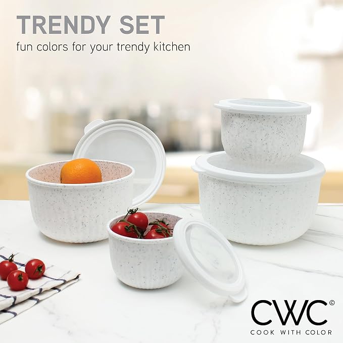 COOK WITH COLOR Prep Bowls with Lids- Wide and Deep Nesting Plastic Small Mixing Bowl Set with Lids, 8 Piece Set - Deep Bowls, Speckled White