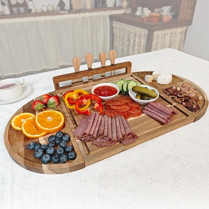 Large Magnetic Charcuterie Board Set 26x13 Inch - Acacia Wood Cheese & Serving Tray with 4 Color-Coded Cutting Mats, Juice Grooves - Modular Design for No-Mess Entertaining, Wedding Gifts