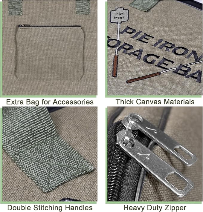 BESZONE Deluxe Pie Iron Bag for Mountain Pie Maker Cast Iron Storage Fits up to 4, Heavy Duty Padding with Extra Pocket for Campfire Accessories, Strong Straps to Secure, Camping Storage Bag 32×12in