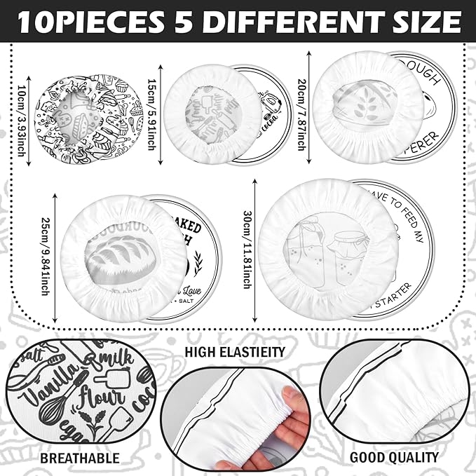 Patelai 10 Pcs Bowl Covers Reusable in 5 Size Stretch Cloth Fabric Elastic Food Storage Bowl Covers Bread Sourdough Lids for Proofing Food Fruits Leftover (Black White,Minimalist Style)