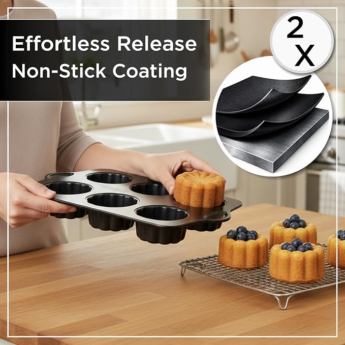 Wrenbury Mini Fluted Cake Pan 6 Cup Nonstick - Small Brownie Bowl Tin | for Individual Cakes, Shortbread & Cornbread - PFOA Free Carbon Steel Mold with Recipe Book