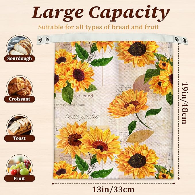 Bread Bags for Homemade Bread, Vintage Sunflower Yellow Flower 2 Pack Linen and Beeswax Sourdough Storage Bags, Reusable Keeper, Keeps Breads Fresh Longer, Gifts for Bakers