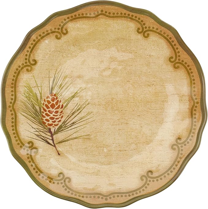 UPware 12 Piece Woodland Pinecone Melamine Dinnerware Sets, Outdoor Dishes Set, Plates and Bowls Sets, Service for 4, Dark Green