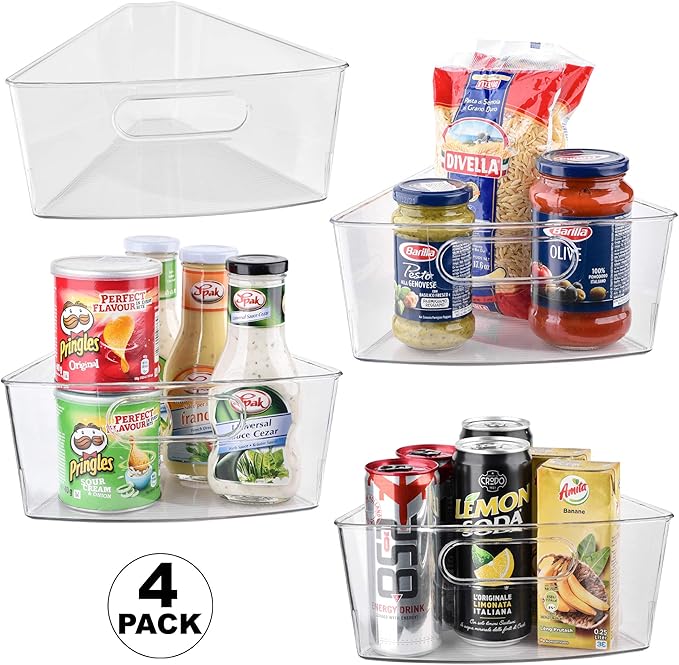 Sorbus Wedge Storage Bin Organizer Lazy Susan organizer with Front Handle for Corner Cabinet, Great Sector Shaped Container Bins for Kitchen, Pantry, Bathroom, Clear Plastic (4-Pack)