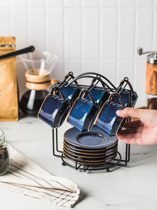 YHOSSEUN Espresso Cups Set of 6, 4 OZ Expresso Shots Cup with Sacuers, Spoons, and Metal Stand, Ceramic Coffee Espresso Cups for Father's Day, Espresso Accessories for Machine, Blue
