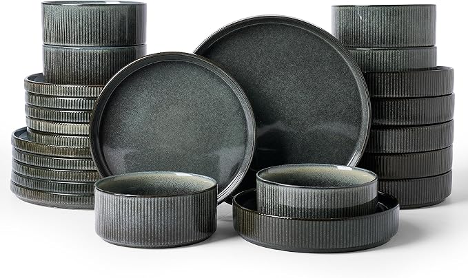 Famiware Star 24-Piece Stoneware Dinnerware Sets, Service for 6 - Shallow Pasta Bowls & Flat Plates, Modern Rustic Reactive Glaze Dishes, Chip/Scratch Resistant, Microwave/Dishwasher Safe, Deep Forest