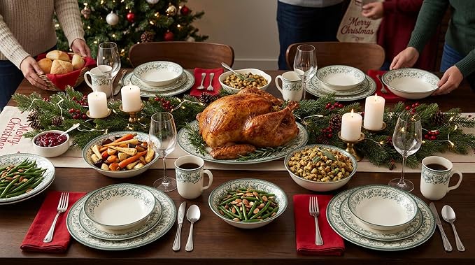 Tudor Royal 24-Piece Round Dinnerware Set, Service for 6, Aster Green Design, Red Floral, Plates Bowls Mugs Dishes, High Gloss Premium Quality