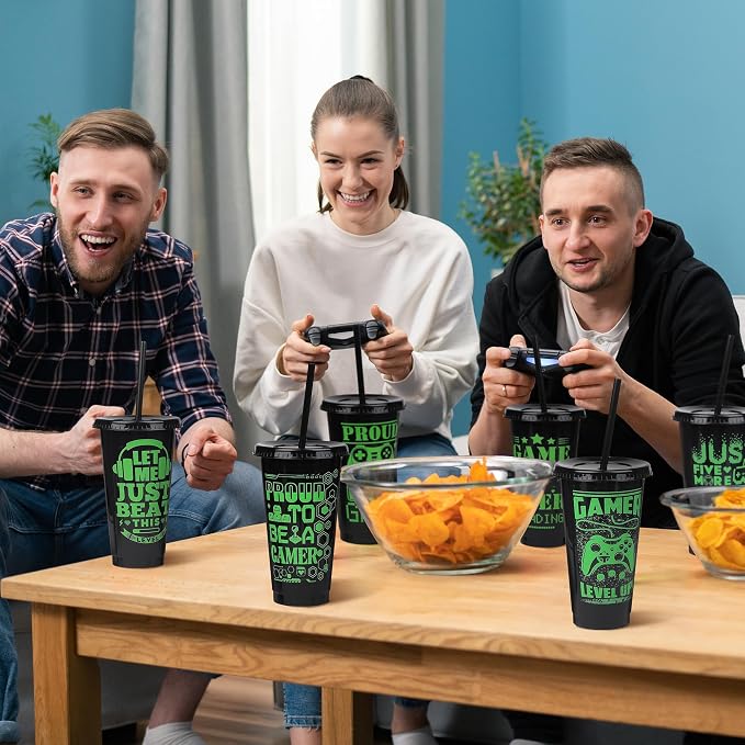 Kochorie 12 Pieces Video Game Plastic Cups 24 Ounces Gaming Party Cups with Lids and Straws Black Green Video Game Tumbler Cups for Birthday Party Video Game Party Supplies Tableware