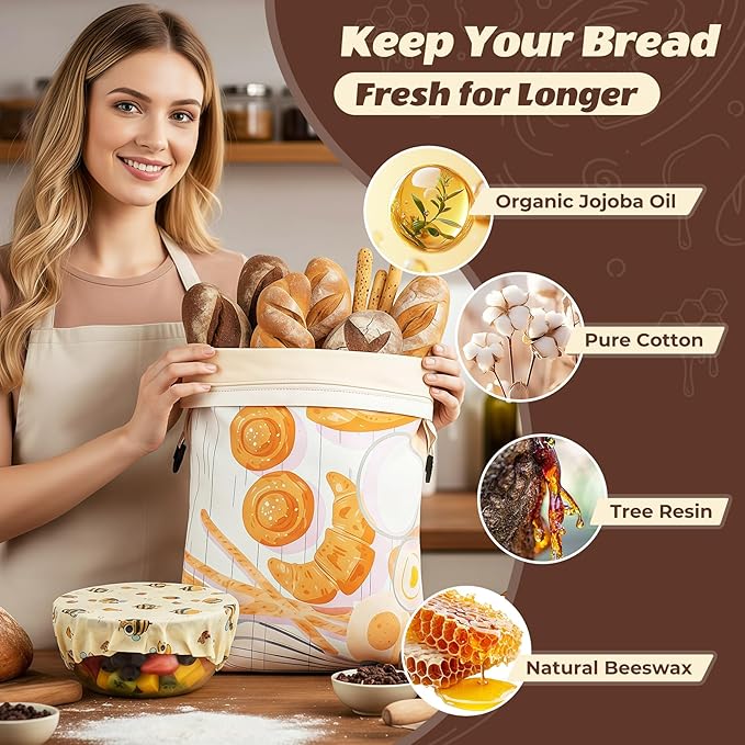 Beeswax Bread Bags for Sourdough and Homemade Bread - 2 Pack XL Cotton Storage Bags with Zipper & Buckle Double Seal - Includes 13x13.9" Beeswax Wrap for Bowl Cover - Reusable Produce Veggie Bag